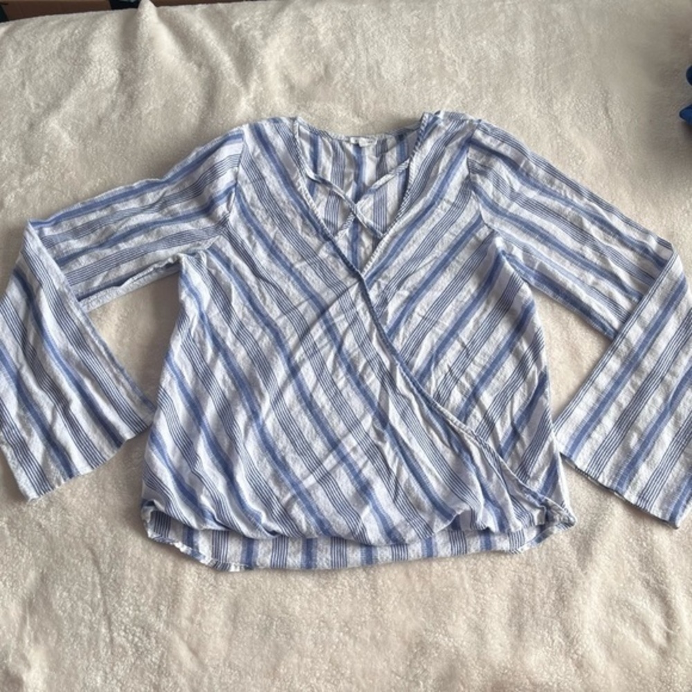 En Creme Womens 3 Quarter Sleeve Blue and White Linen Blouse Small